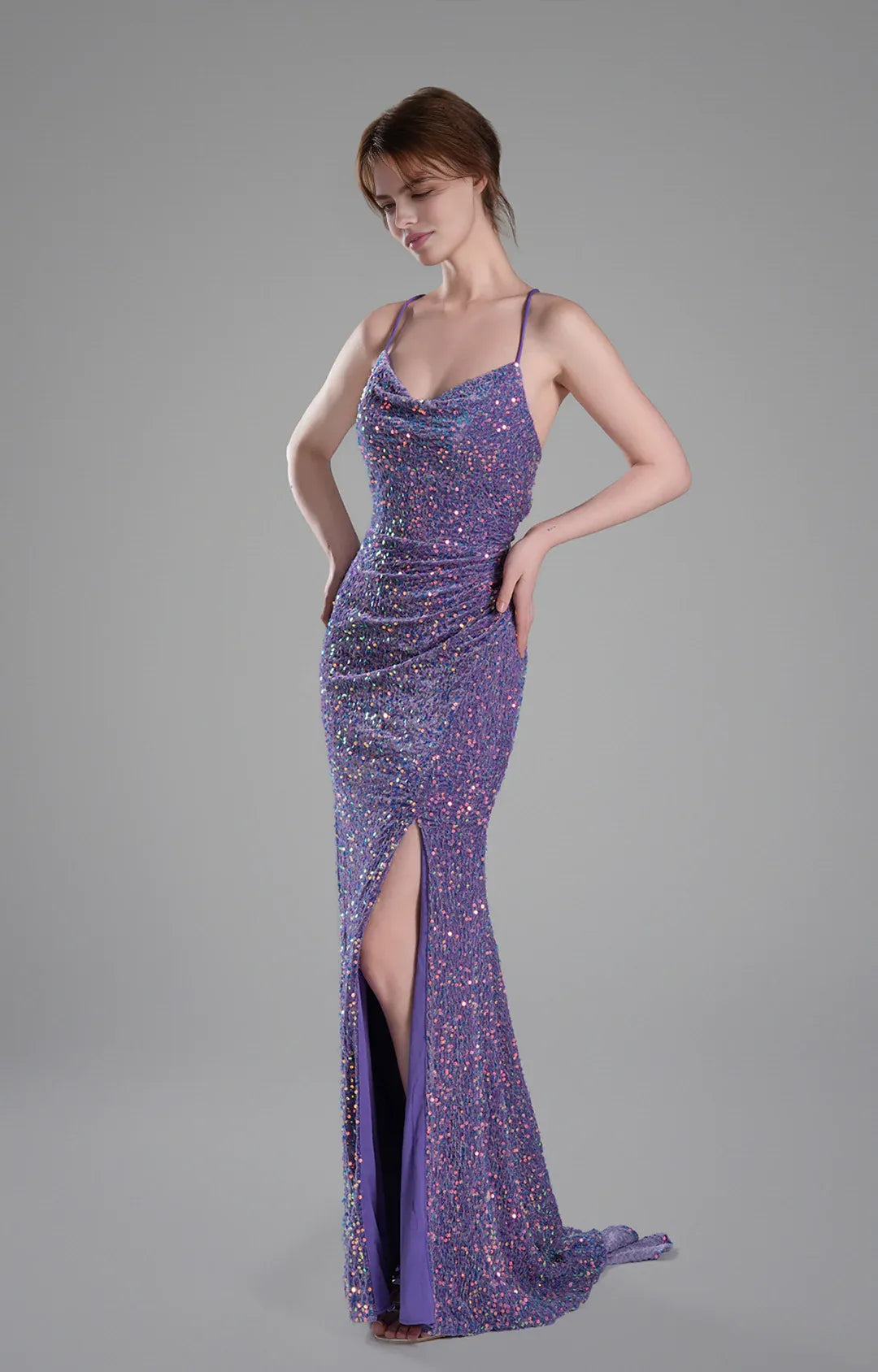 Glamorous Mermaid Cowl Neck Sleeveless Sequin Floor Length Crisscross Back Slit Evening Dress