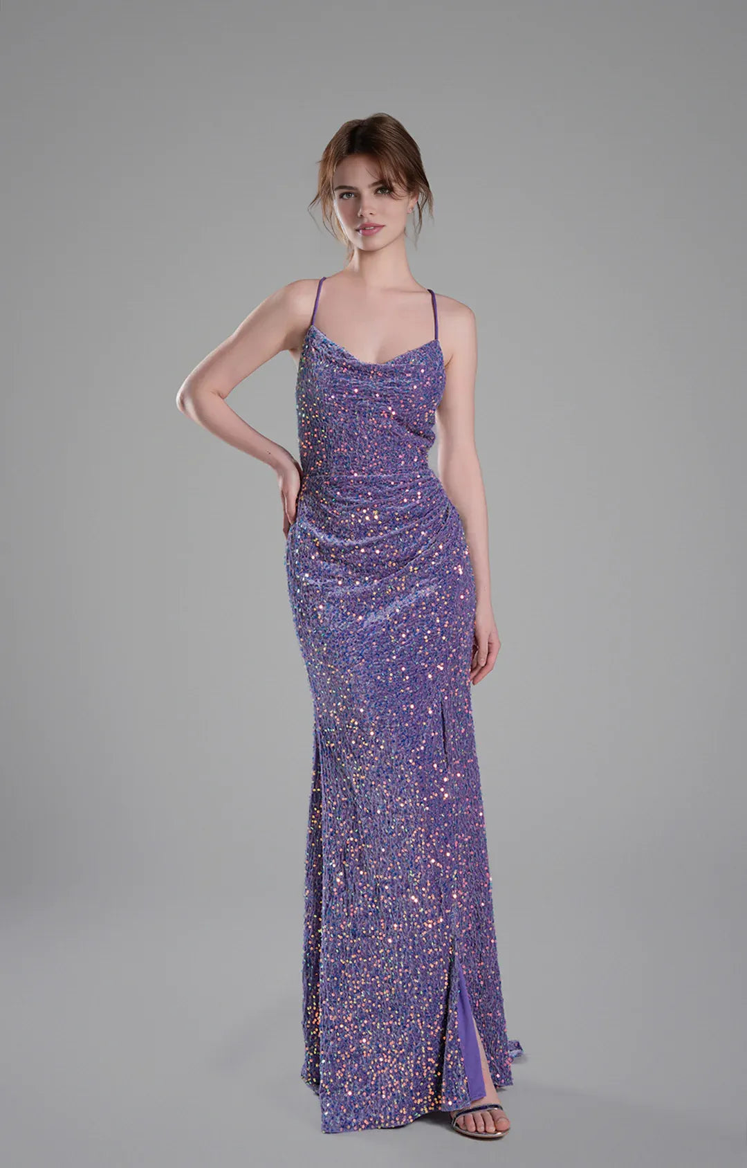 Glamorous Mermaid Cowl Neck Sleeveless Sequin Floor Length Crisscross Back Slit Evening Dress