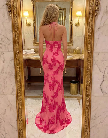 Glamorous Mermaid Halter Neck Floral Prom Dress Long Lace Evening Dress