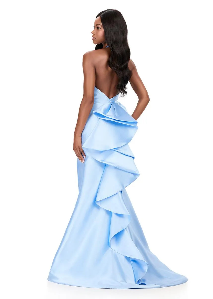 Glamorous Mermaid Halter Neck Satin Long Ruffle Formal Evening Gown