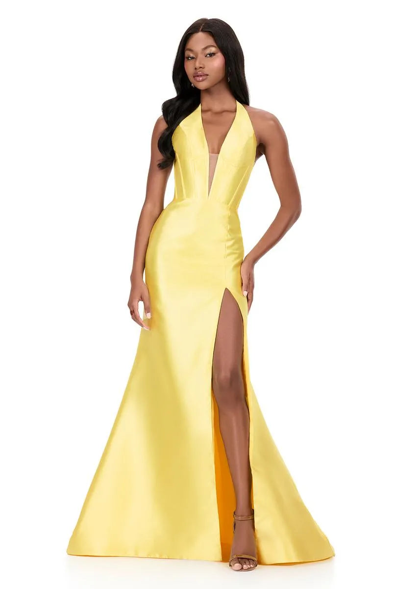 Glamorous Mermaid Halter Neck Satin Long Ruffle Formal Evening Gown