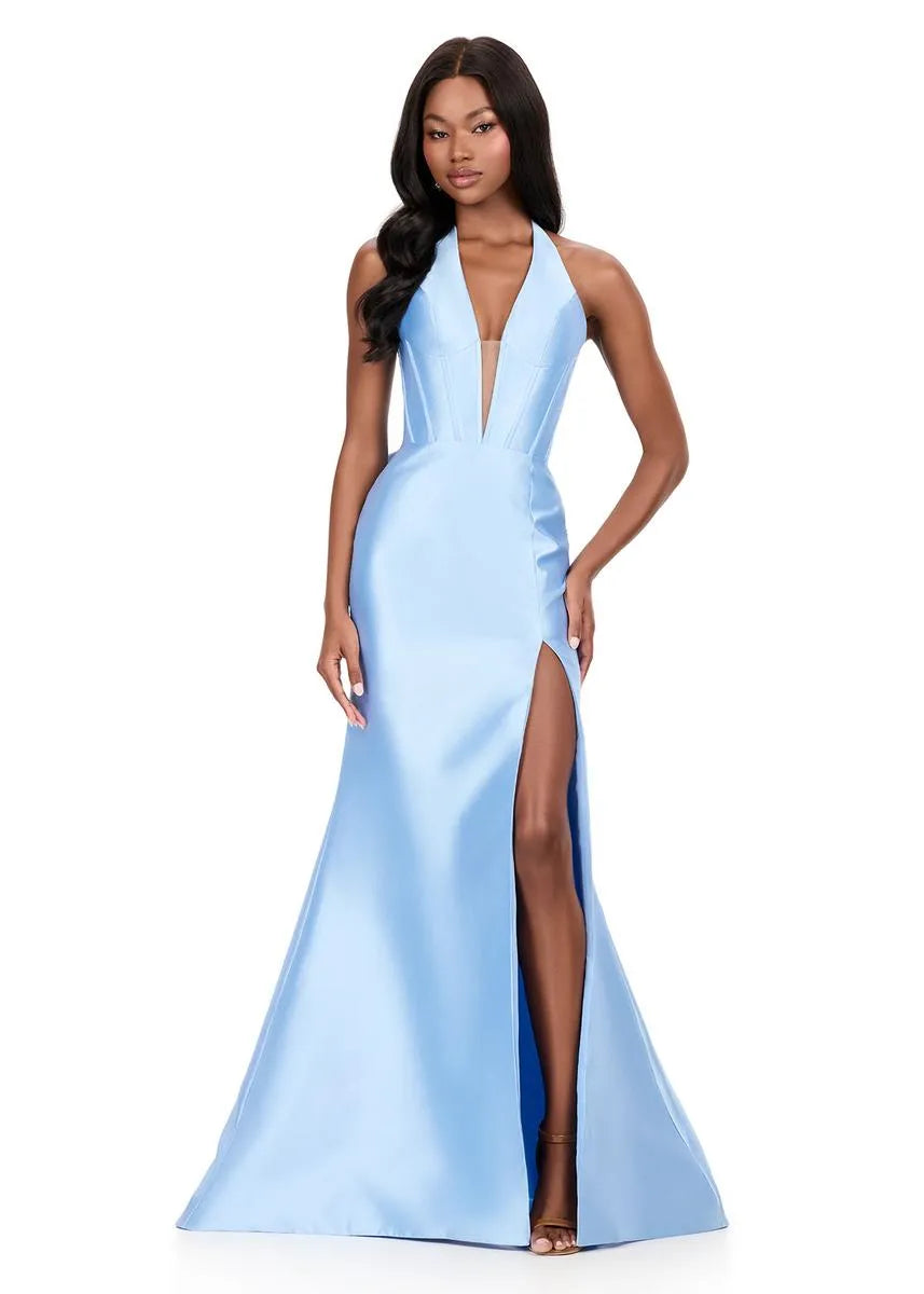 Glamorous Mermaid Halter Neck Satin Long Ruffle Formal Evening Gown