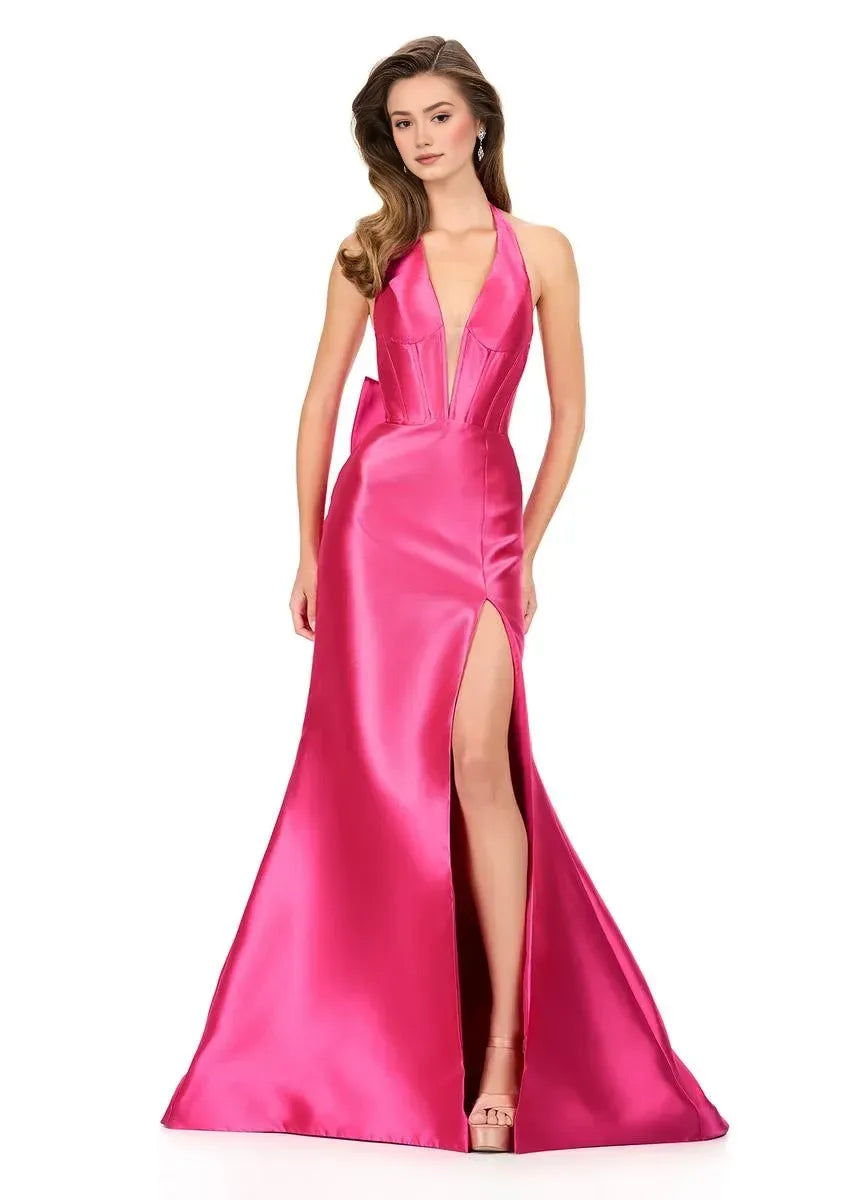 Glamorous Mermaid Halter Neck Satin Long Ruffle Formal Evening Gown