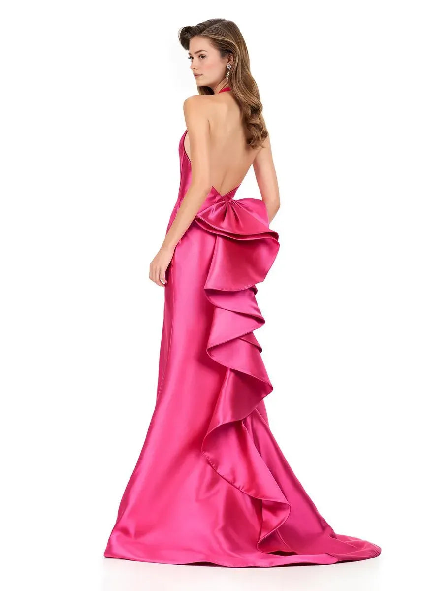 Glamorous Mermaid Halter Neck Satin Long Ruffle Formal Evening Gown