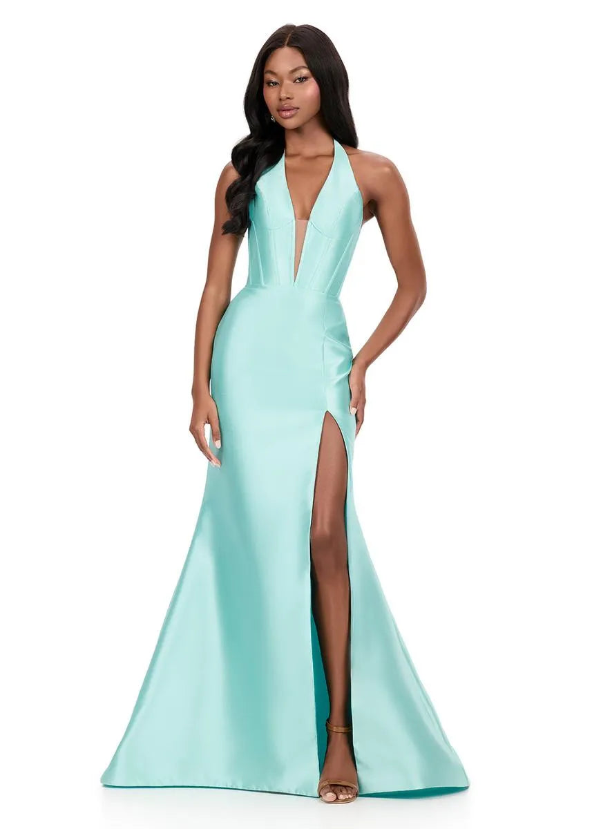 Glamorous Mermaid Halter Neck Satin Long Ruffle Formal Evening Gown