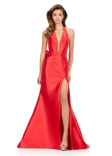 Glamorous Mermaid Halter Neck Satin Long Ruffle Formal Evening Gown