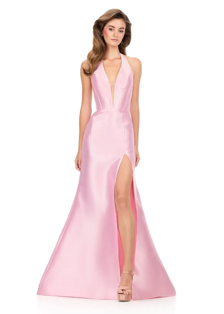 Glamorous Mermaid Halter Neck Satin Long Ruffle Formal Evening Gown