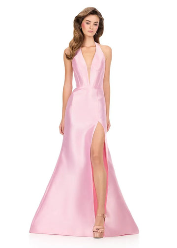 Glamorous Mermaid Halter Neck Satin Long Ruffle Formal Evening Gown