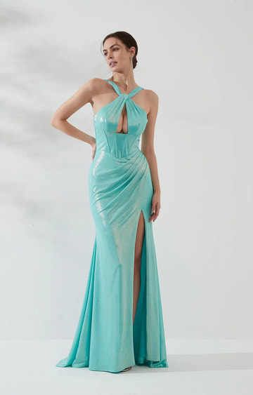 Glamorous Mermaid Halter Sleeveless Satin Floor-Length HighSlit Evening Dress