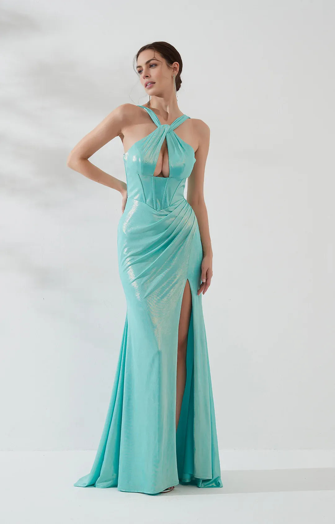 Glamorous Mermaid Halter Sleeveless Satin Floor-Length HighSlit Evening Dress