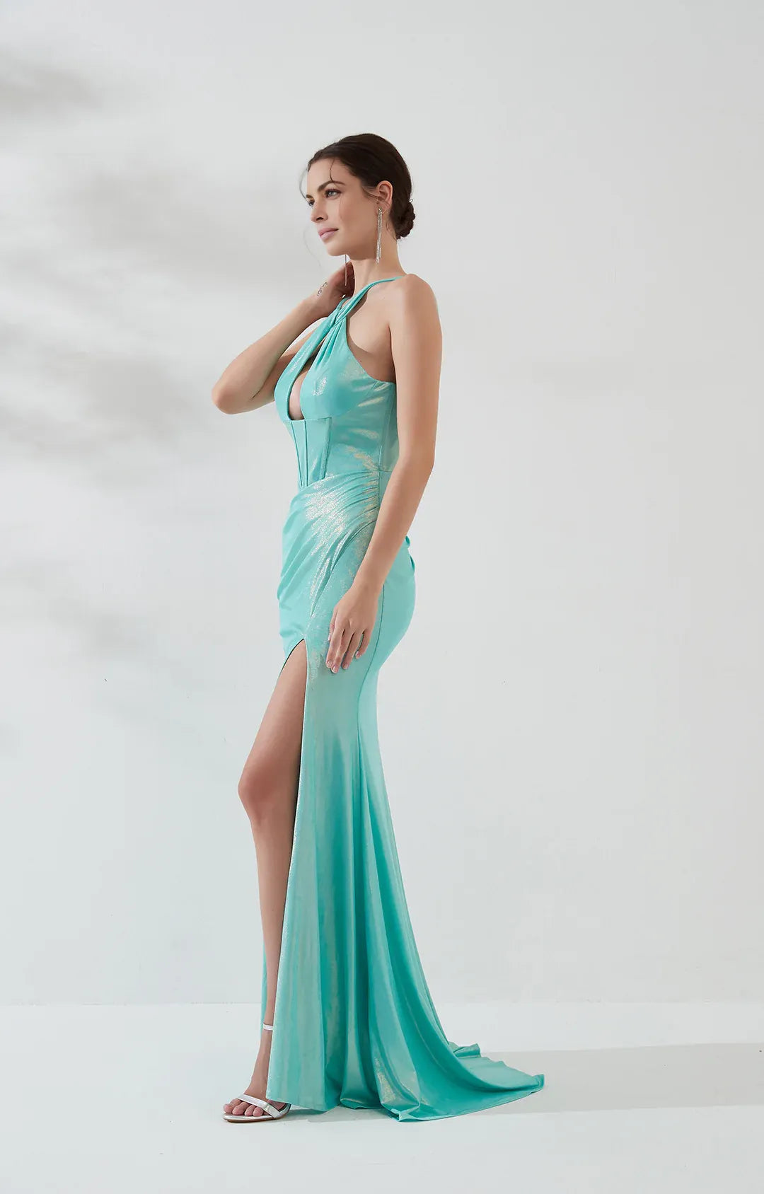 Glamorous Mermaid Halter Sleeveless Satin Floor-Length HighSlit Evening Dress