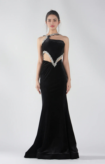 Glamorous Mermaid Halter Sleeveless Velvet Floor-length Beaded Cutout Evening Gown