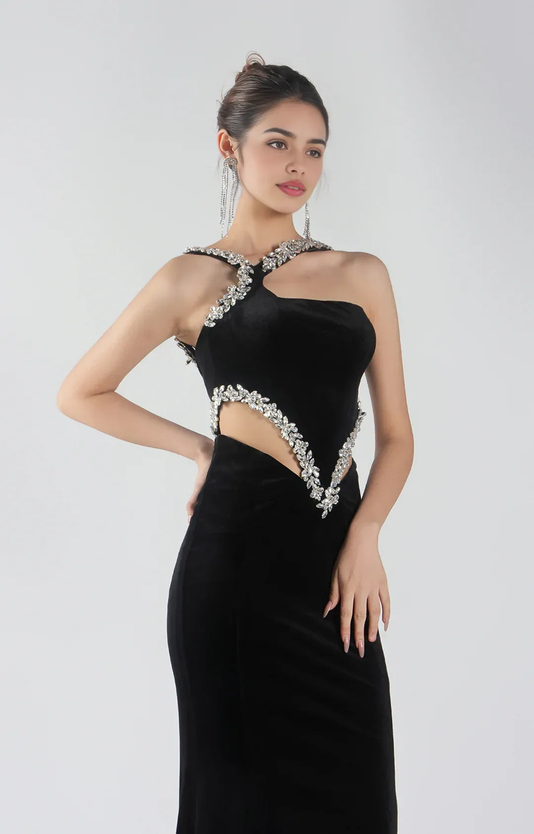 Glamorous Mermaid Halter Sleeveless Velvet Floor-length Beaded Cutout Evening Gown