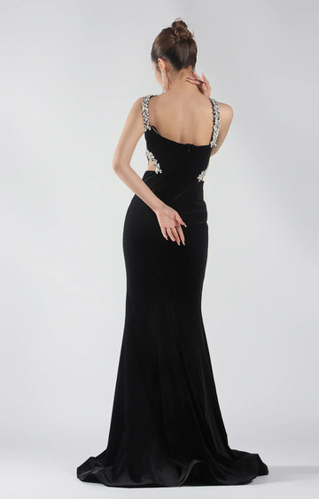 Glamorous Mermaid Halter Sleeveless Velvet Floor-length Beaded Cutout Evening Gown