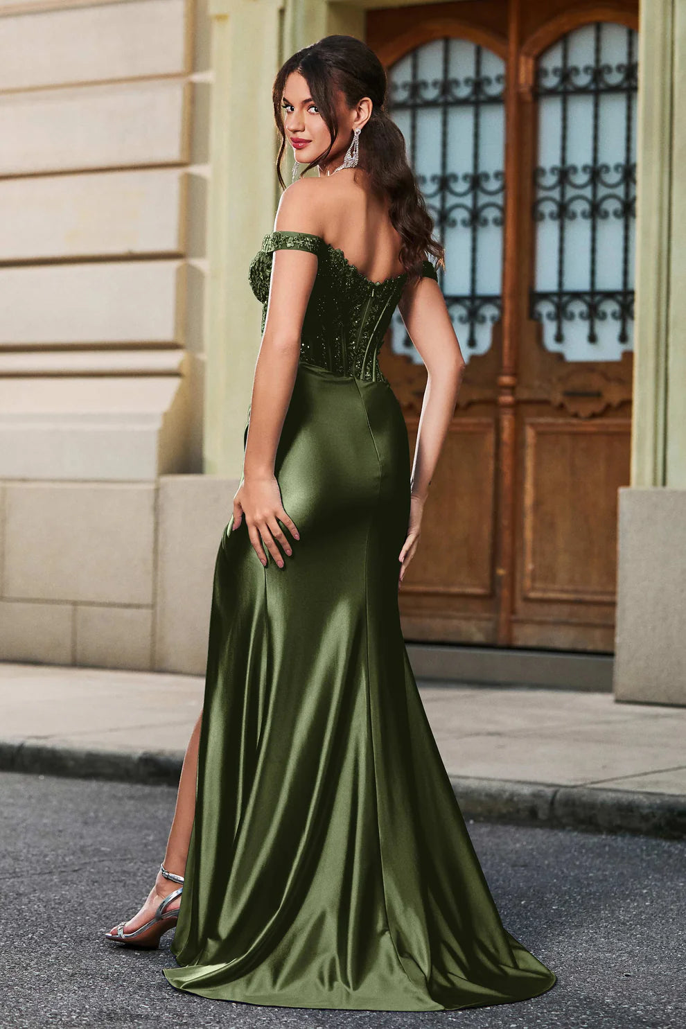 Glamorous Mermaid Off-Shoulder Short Sleeve Satin Floor Length Lace Corset Slit Evening Dress