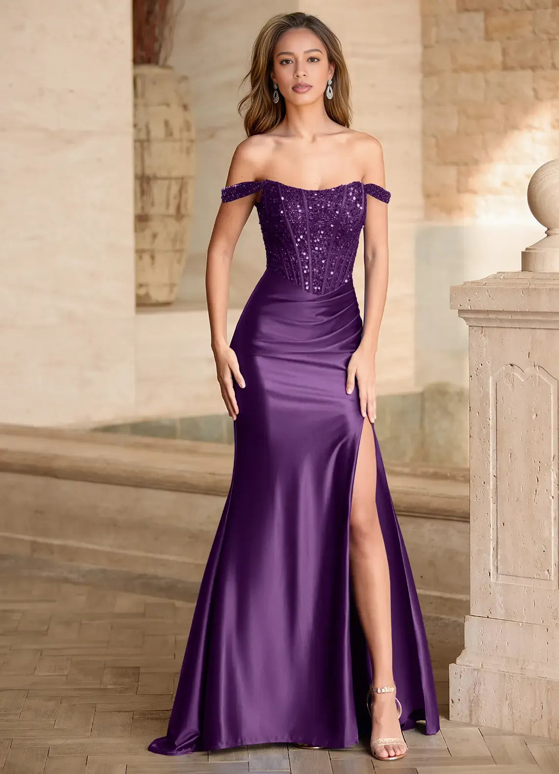 Glamorous Mermaid Off-The-Shoulder Sequin Satin Slit Evening Gown