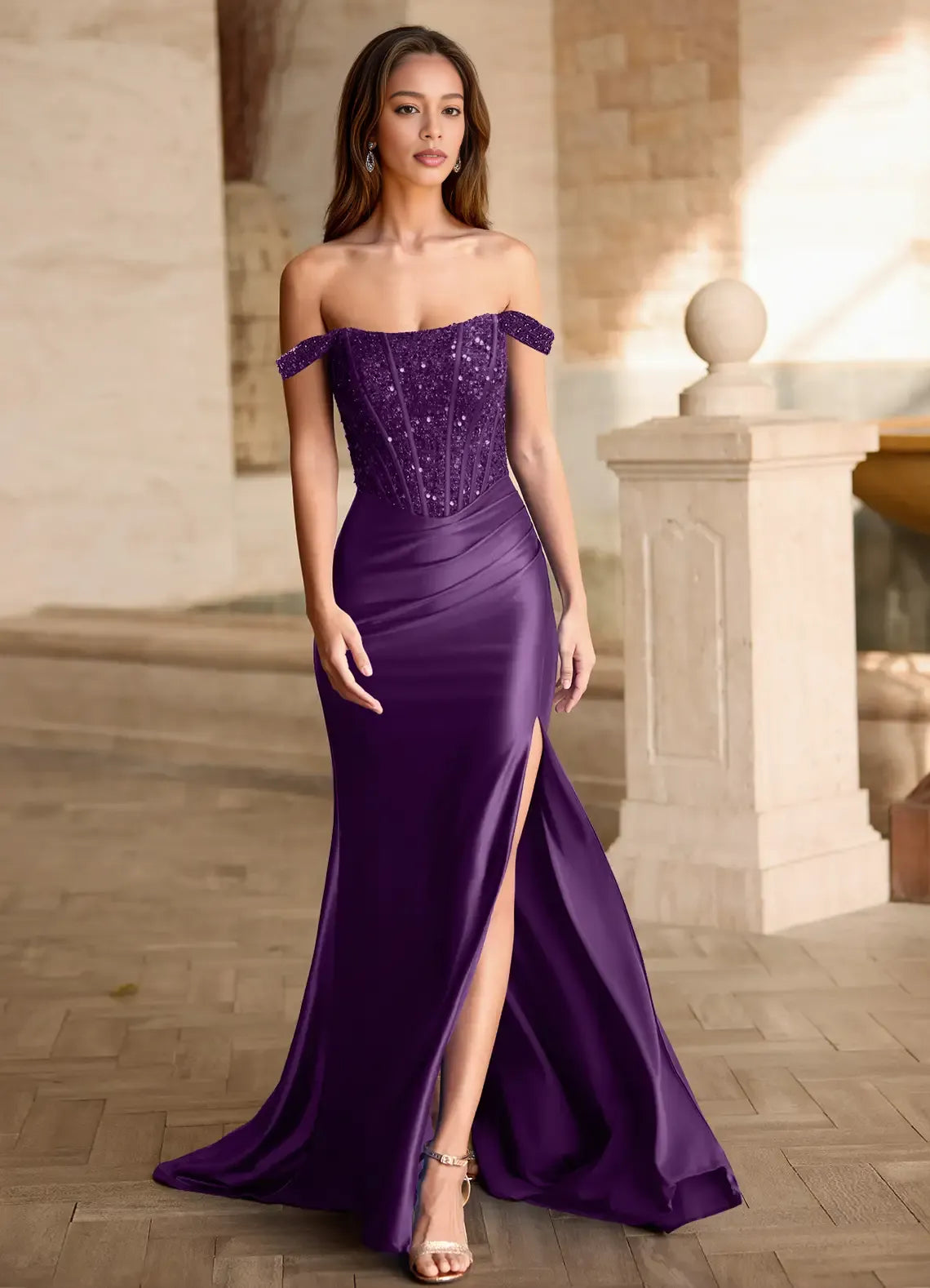 Glamorous Mermaid Off-The-Shoulder Sequin Satin Slit Evening Gown