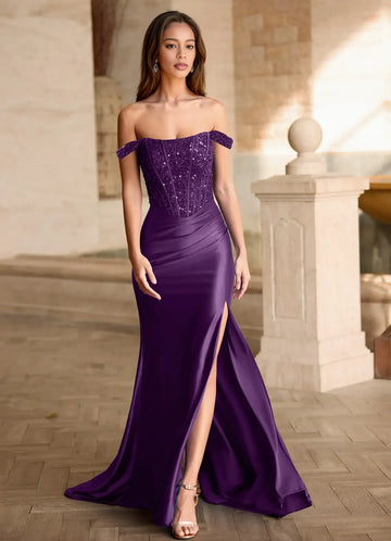 Glamorous Mermaid Off-The-Shoulder Sequin Satin Slit Evening Gown
