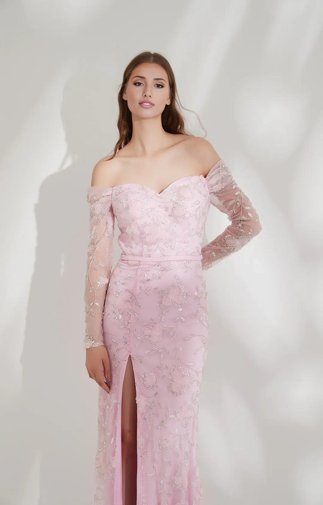 Glamorous Mermaid Off-shoulder Long-sleeve Tulle Floor-length Beaded Slit Evening Gown