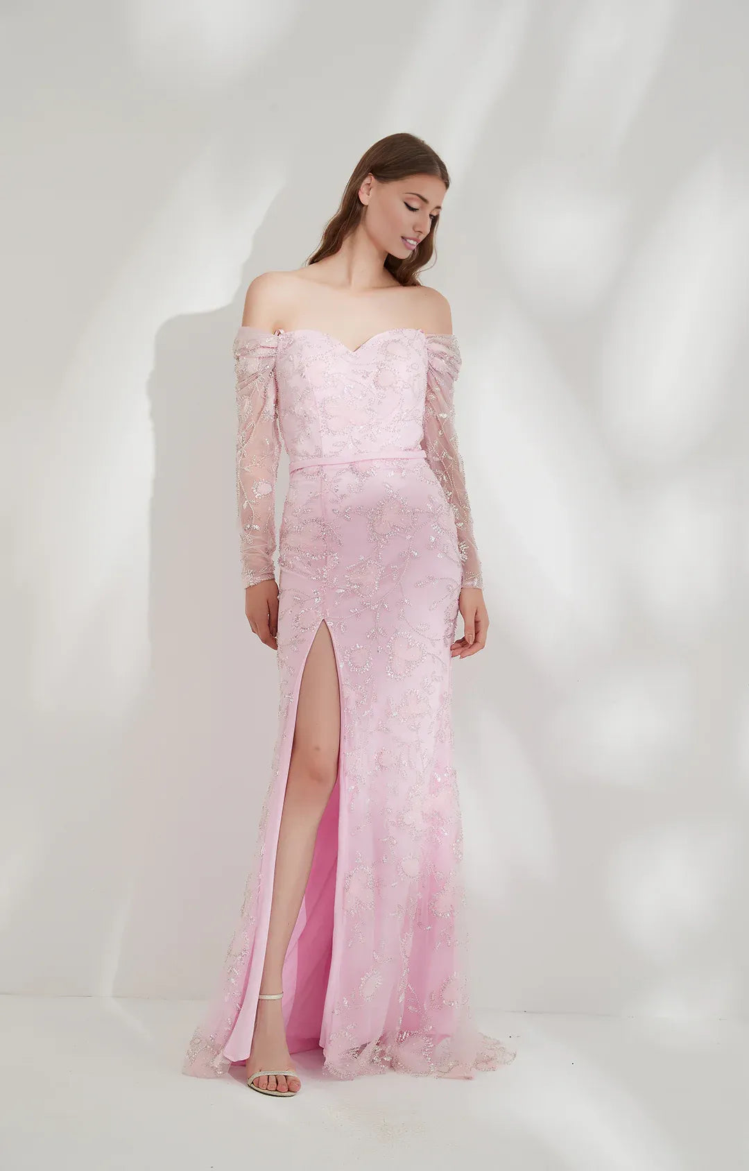 Glamorous Mermaid Off-shoulder Long-sleeve Tulle Floor-length Beaded Slit Evening Gown