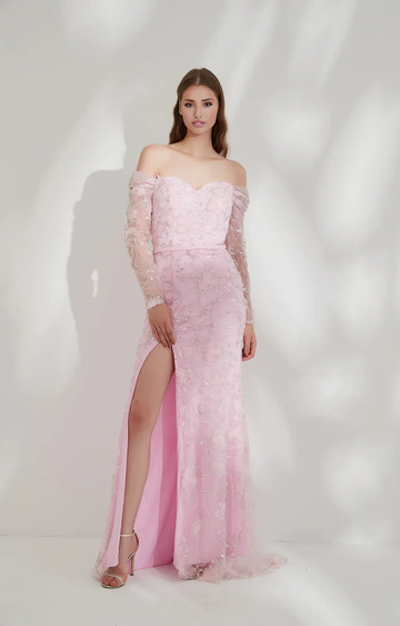 Glamorous Mermaid Off-shoulder Long-sleeve Tulle Floor-length Beaded Slit Evening Gown