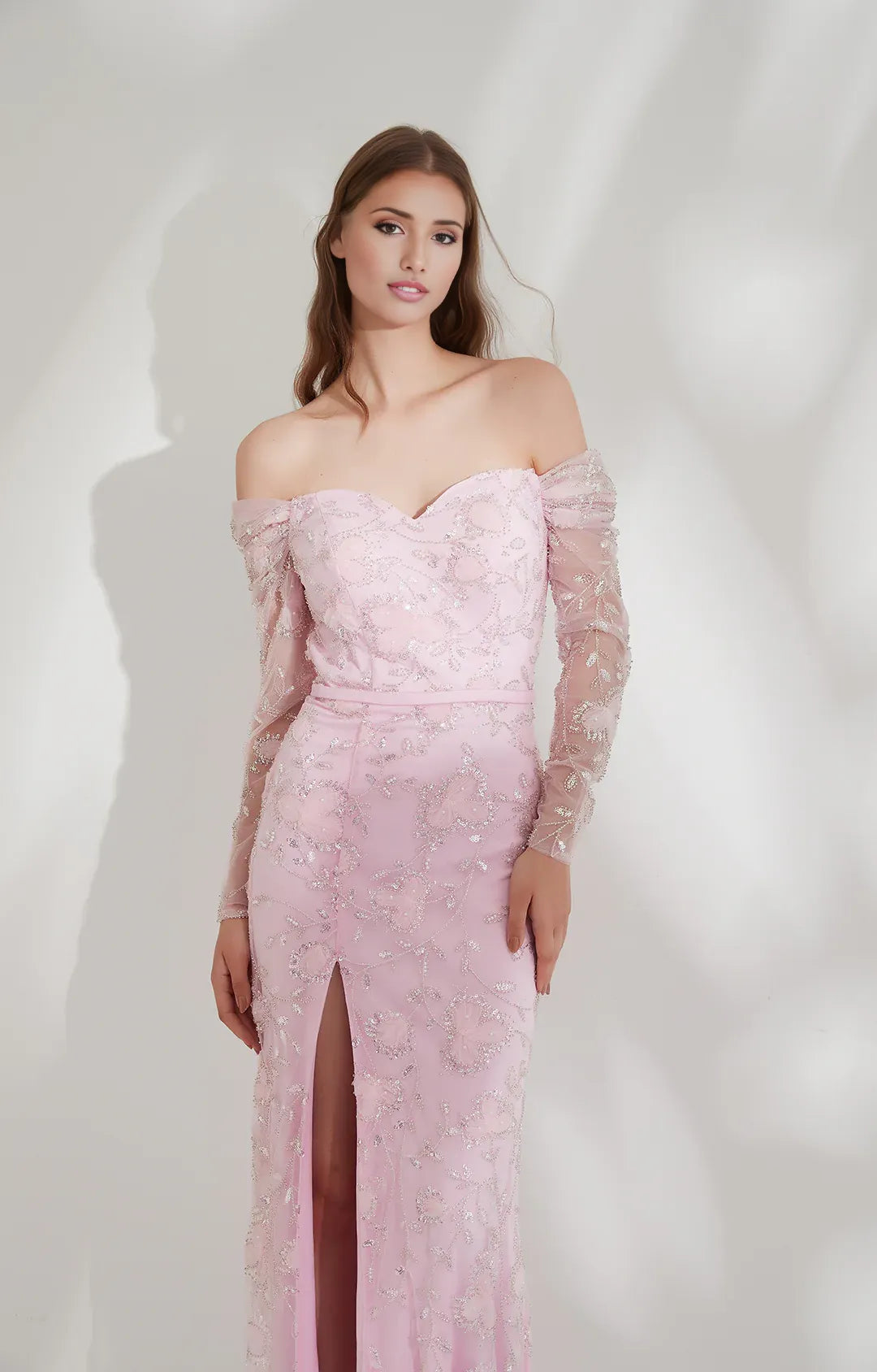 Glamorous Mermaid Off-shoulder Long-sleeve Tulle Floor-length Beaded Slit Evening Gown