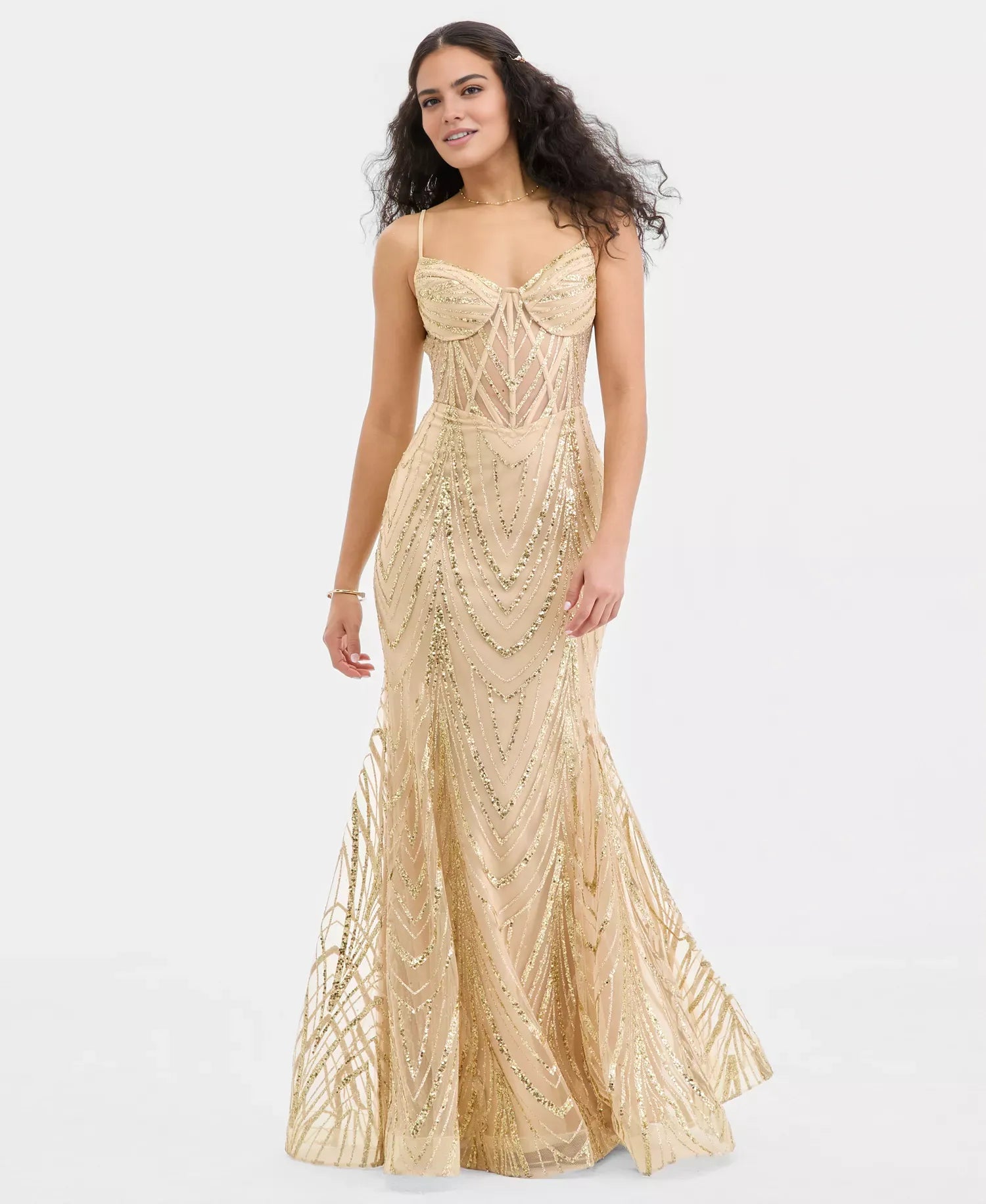 Vestido de fiesta de lentejuelas con tirantes finos de sirena glamurosa y malla hasta el suelo