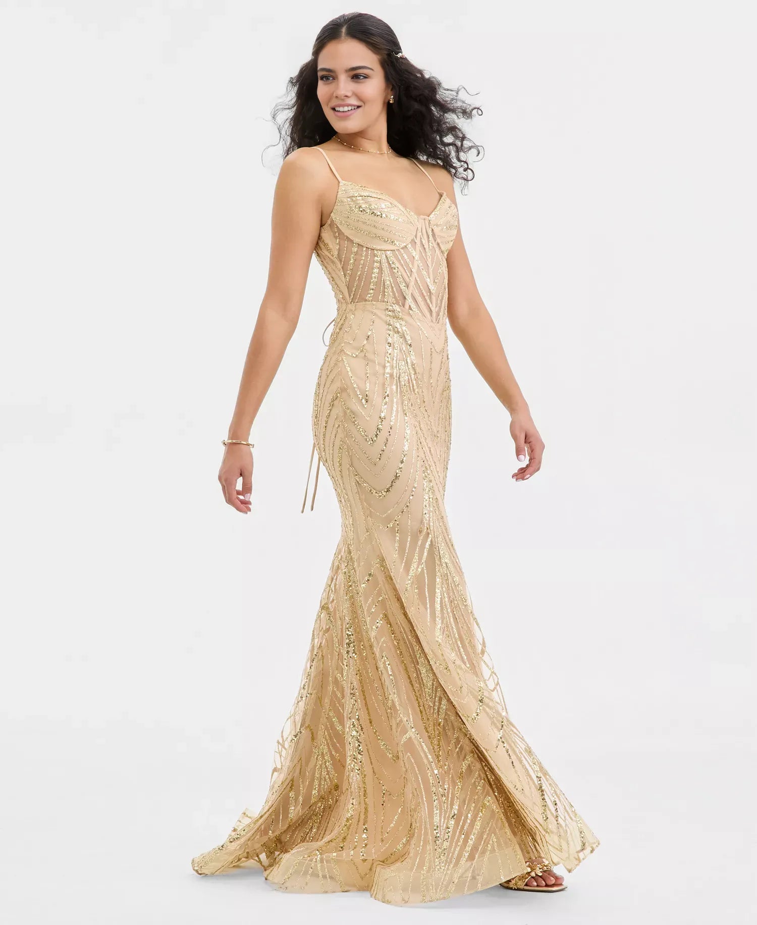 Vestido de fiesta de lentejuelas con tirantes finos de sirena glamurosa y malla hasta el suelo