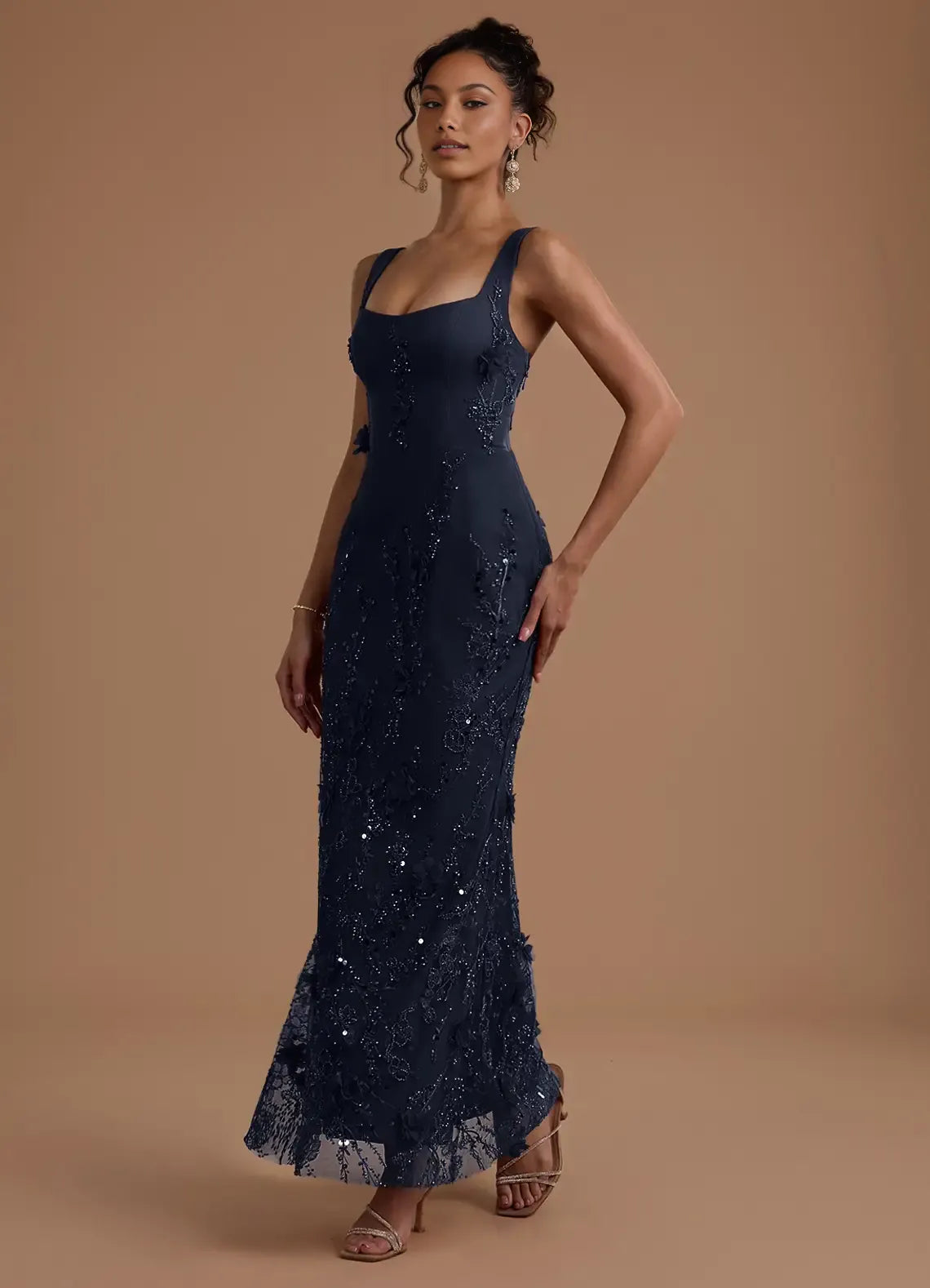 Glamorous Mermaid Square Sleeveless Tulle Evening Dress FloorLaceUp 3DApplique Prom Dress
