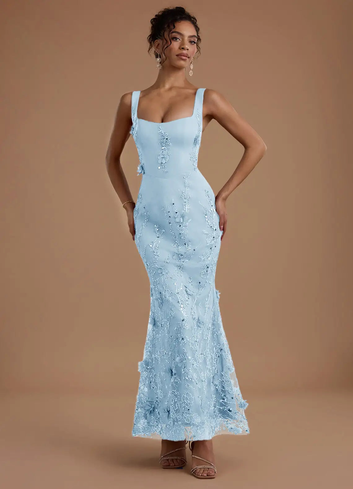 Glamorous Mermaid Square Sleeveless Tulle Evening Dress FloorLaceUp 3DApplique Prom Dress