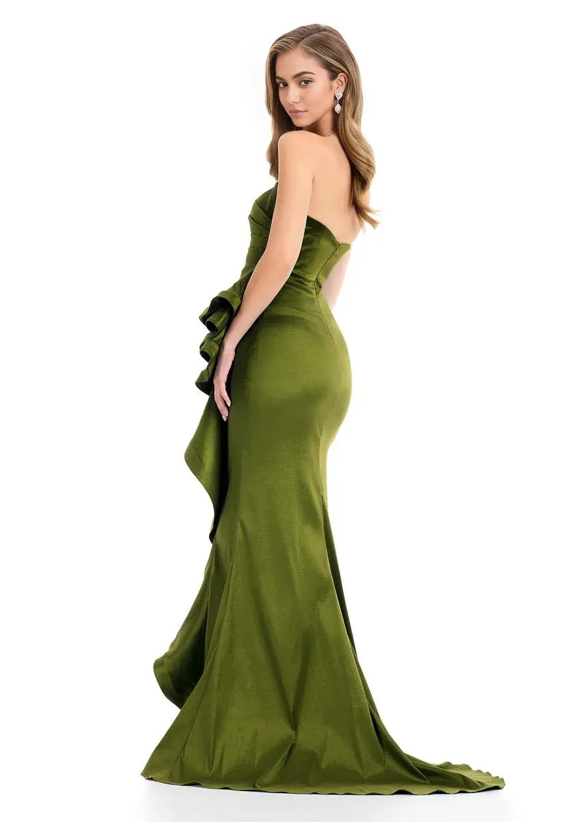 Glamorous Mermaid Strapless Satin Maxi Ruffle Evening Dress