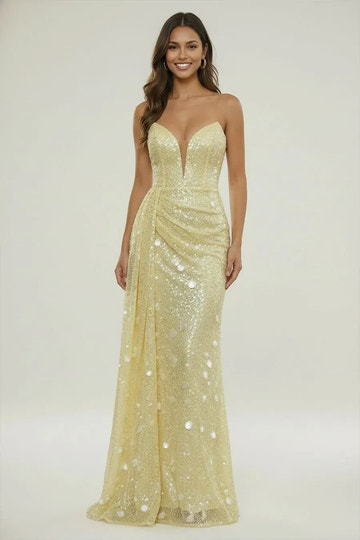 Glamorous Mermaid Strapless Sequin Maxi Ruched Evening Dress