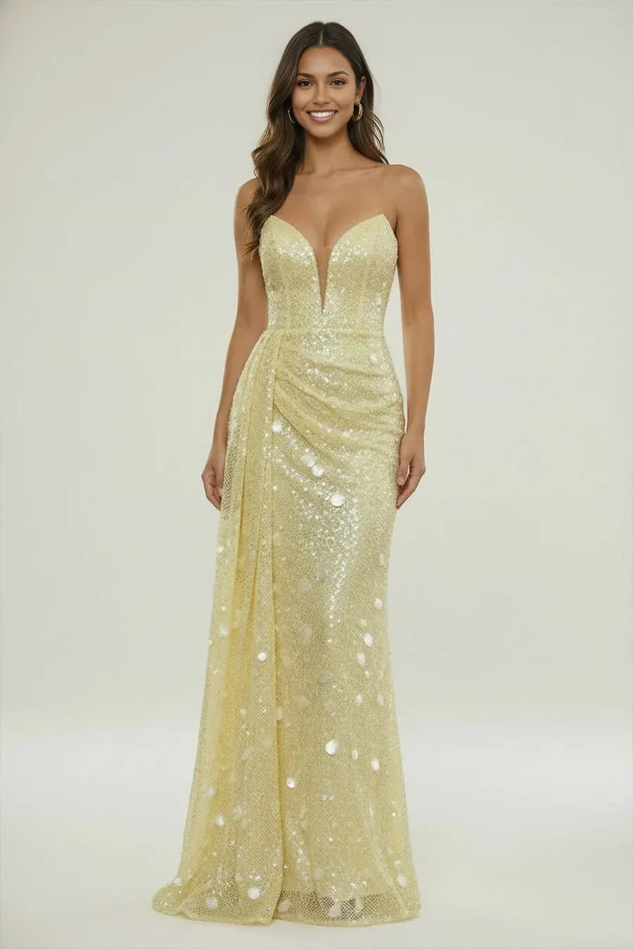 Glamorous Mermaid Strapless Sequin Maxi Ruched Evening Dress