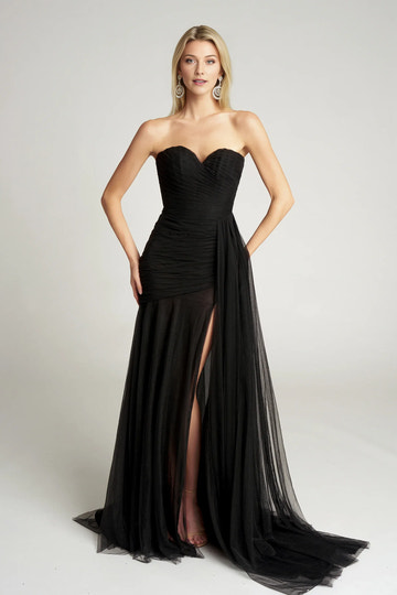 Glamorous Mermaid Strapless Sweetheart Tulle Floor-Length Draped High-Slit Evening Dress