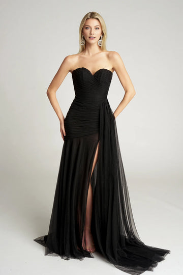 Glamorous Mermaid Strapless Sweetheart Tulle Floor-Length Draped High-Slit Evening Dress