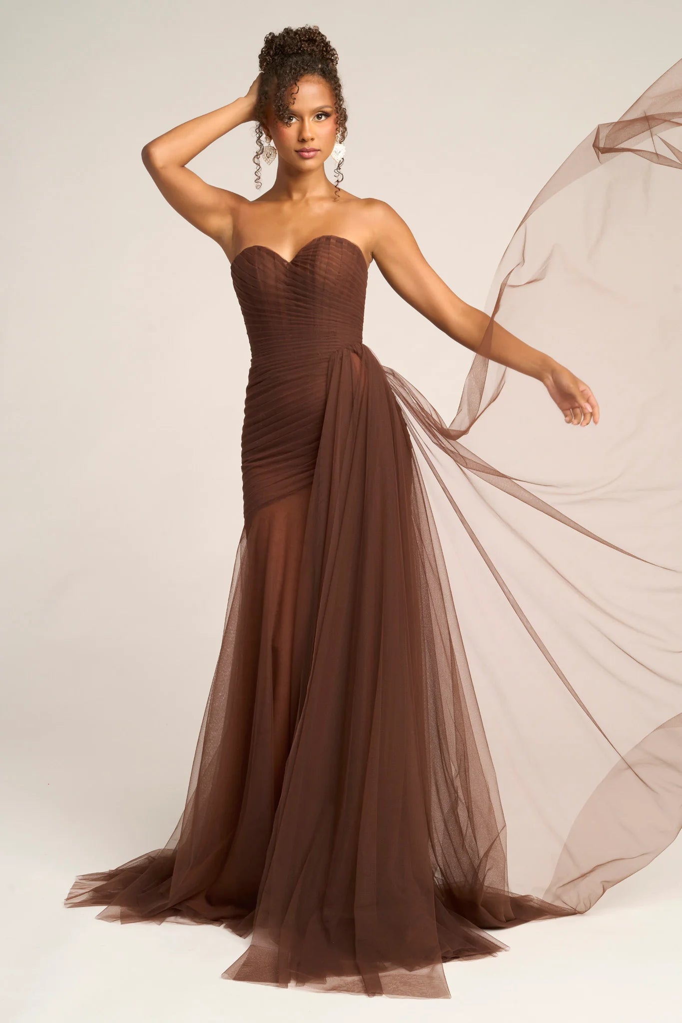 Glamorous Mermaid Strapless Sweetheart Tulle Floor-Length Draped High-Slit Evening Dress