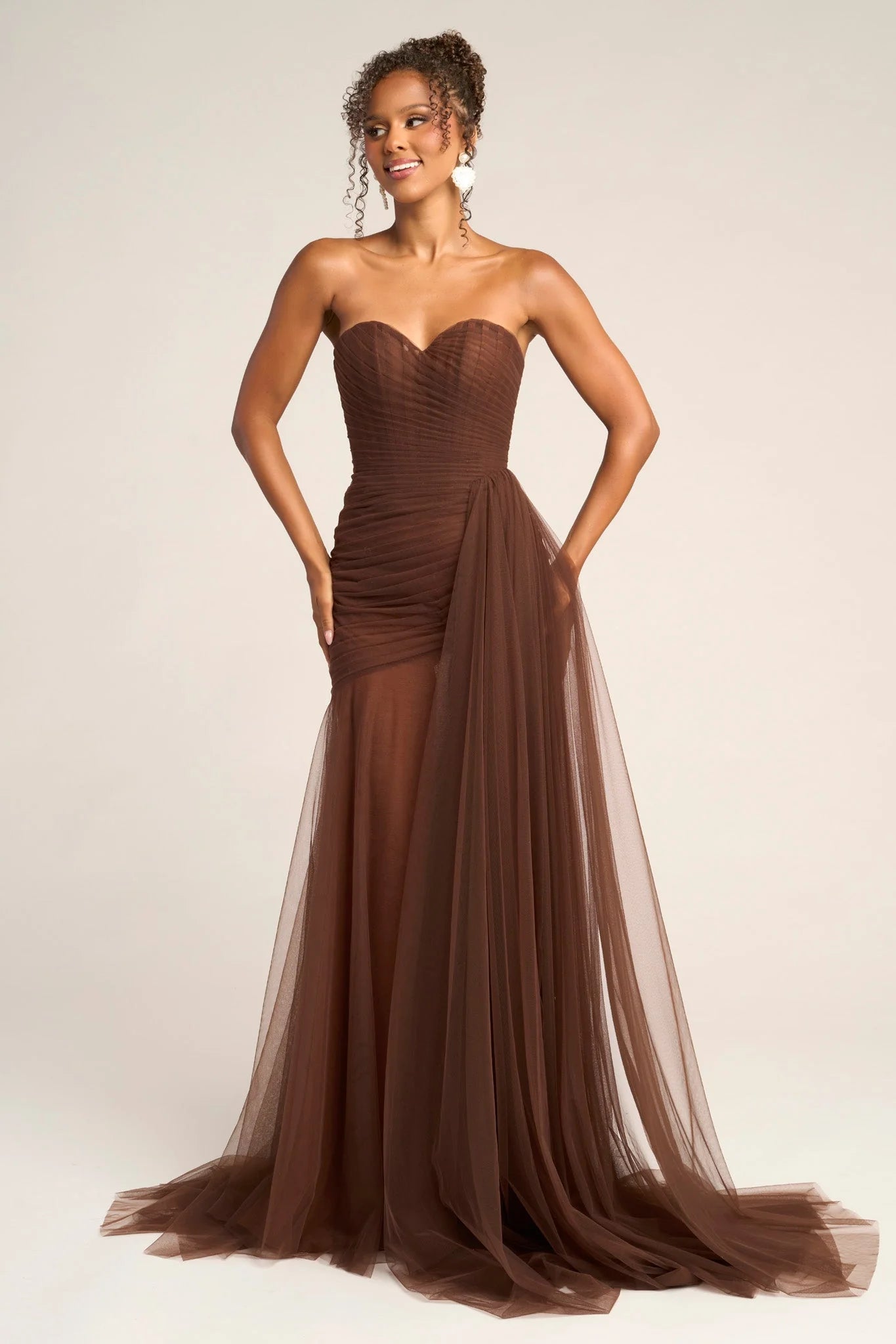 Glamorous Mermaid Strapless Sweetheart Tulle Floor-Length Draped High-Slit Evening Dress