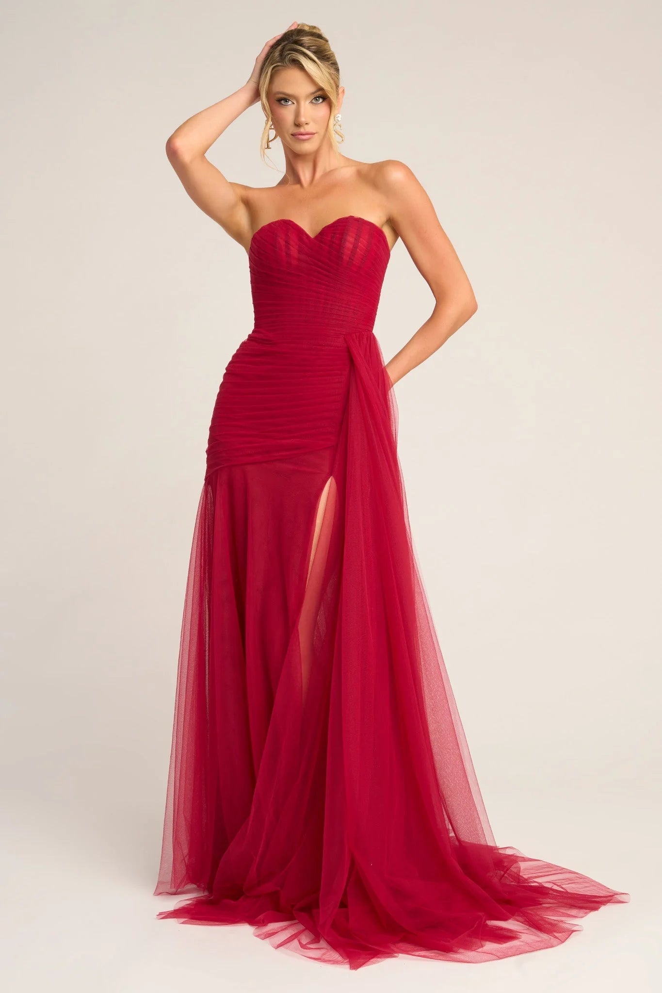 Glamorous Mermaid Strapless Sweetheart Tulle Floor-Length Draped High-Slit Evening Dress