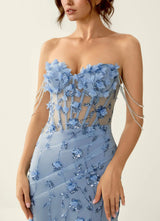 Glamorous Mermaid Strapless Tulle Maxi Formal Corset Prom Dress with Beaded Chain