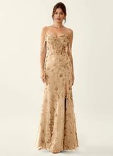 Glamorous Mermaid Strapless Tulle Maxi Formal Corset Prom Dress with Beaded Chain