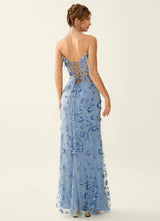 Glamorous Mermaid Strapless Tulle Maxi Formal Corset Prom Dress with Beaded Chain
