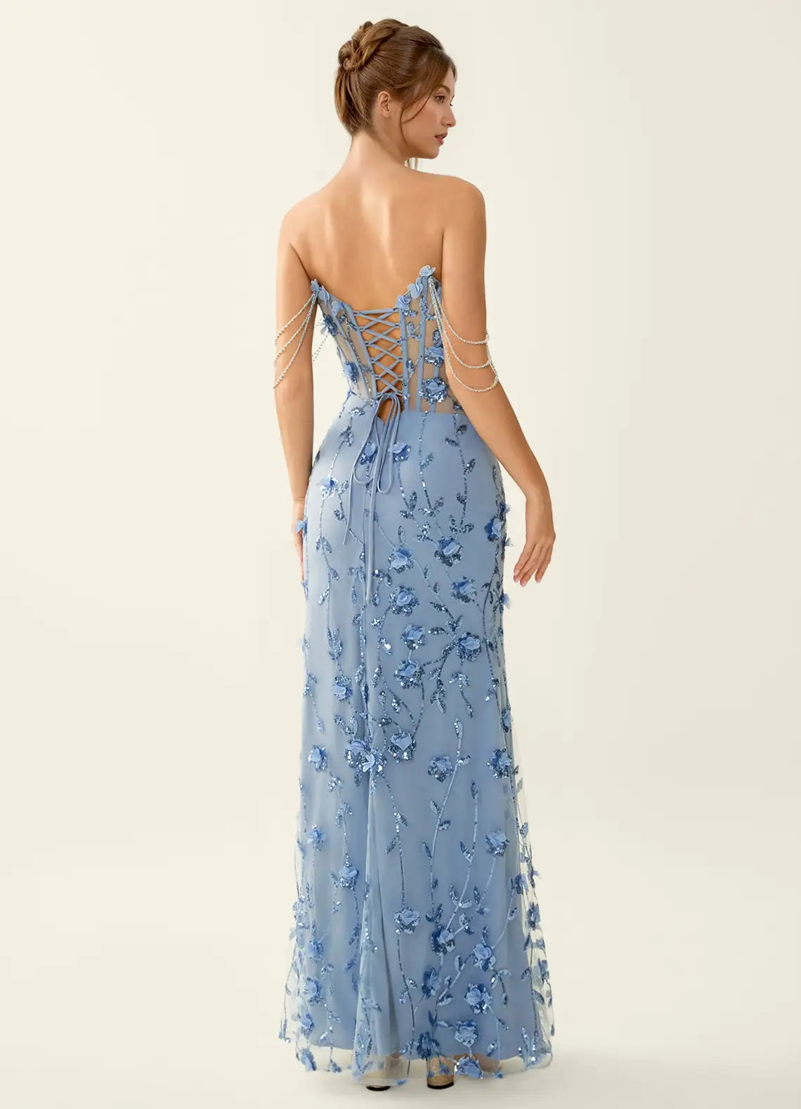 Vestido de Fiesta Largo de Tul sin Tirantes con Corsé y Cadena de Cuentas Glamuroso de Sirena