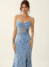 Glamorous Mermaid Strapless Tulle Maxi Formal Corset Prom Dress with Beaded Chain