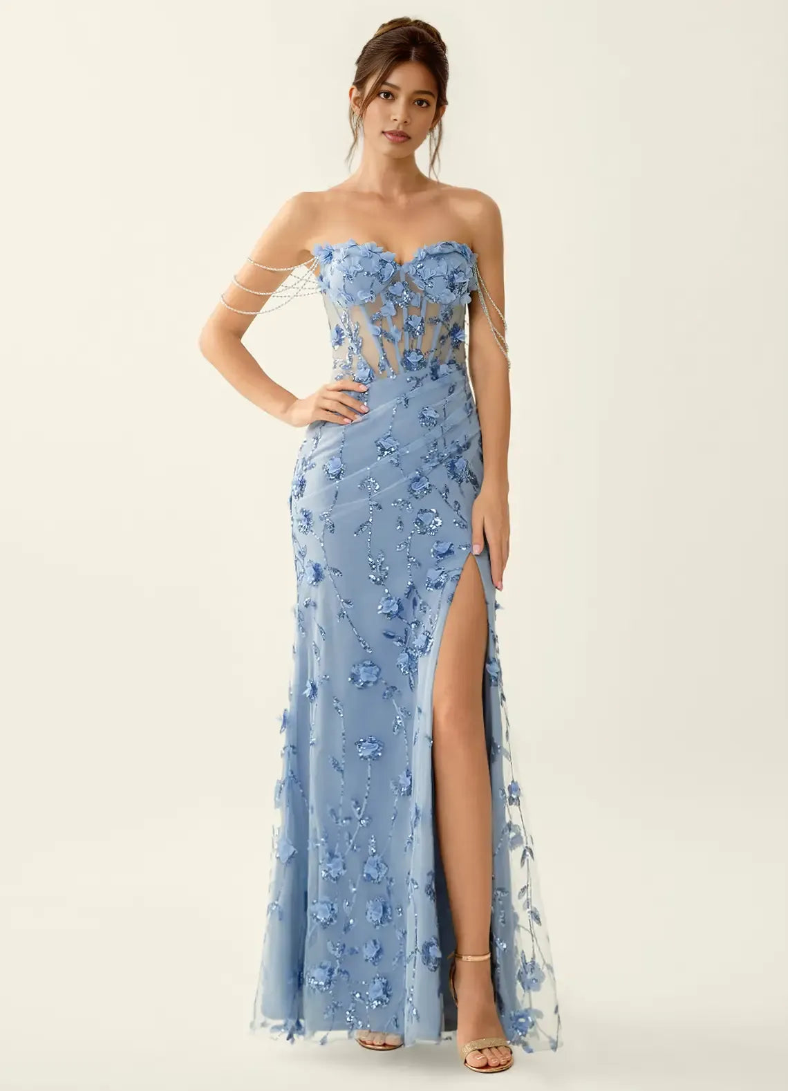 Vestido de Fiesta Largo de Tul sin Tirantes con Corsé y Cadena de Cuentas Glamuroso de Sirena