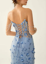 Glamorous Mermaid Strapless Tulle Maxi Formal Corset Prom Dress with Beaded Chain
