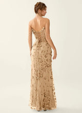 Glamorous Mermaid Strapless Tulle Maxi Formal Corset Prom Dress with Beaded Chain