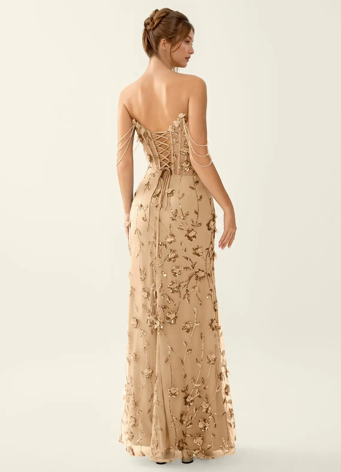 Vestido de Fiesta Largo de Tul sin Tirantes con Corsé y Cadena de Cuentas Glamuroso de Sirena