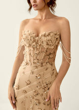 Glamorous Mermaid Strapless Tulle Maxi Formal Corset Prom Dress with Beaded Chain