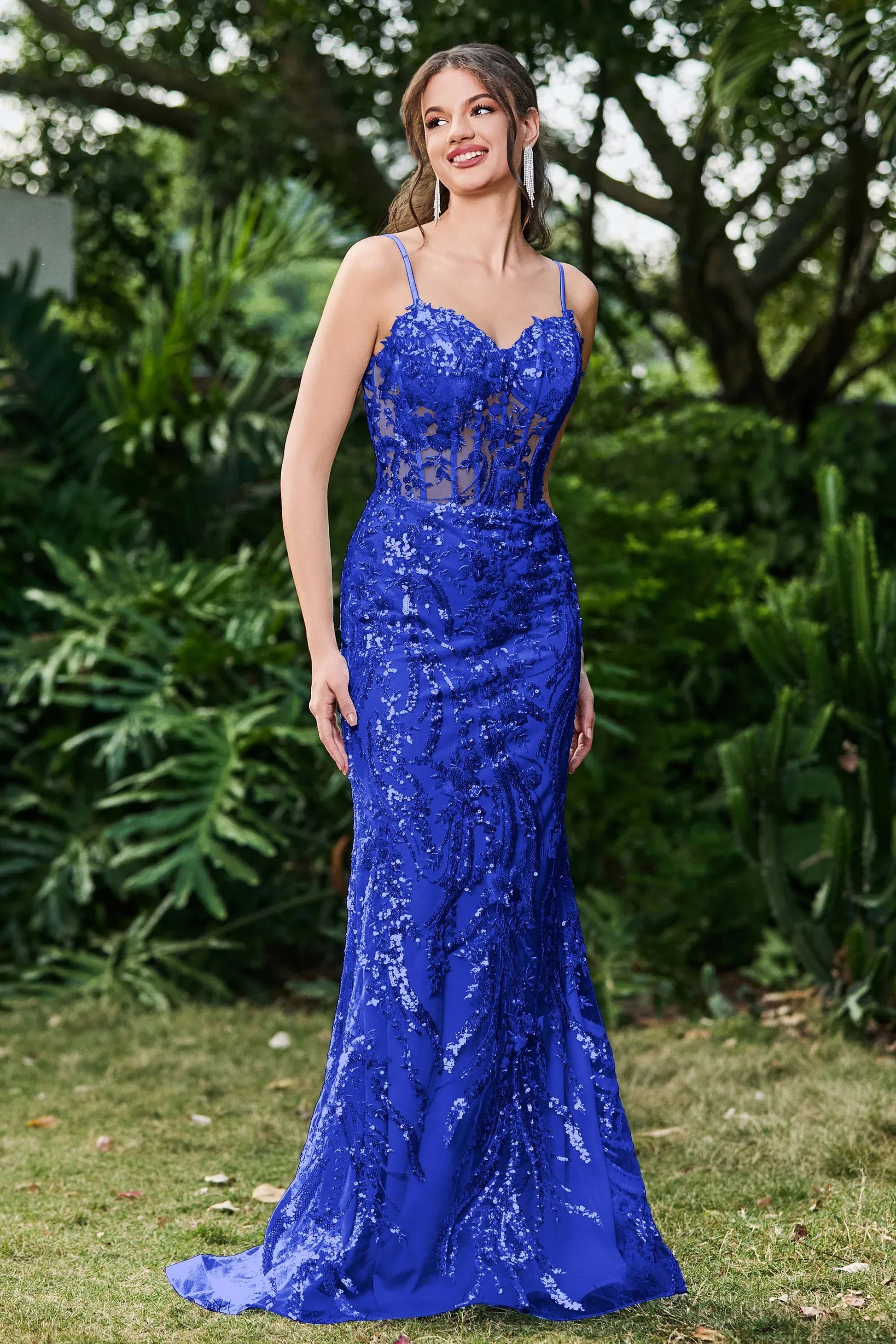 Glamorous Mermaid Sweetheart Spaghetti Tulle Sheer Bodice Long Sequin Prom Dress