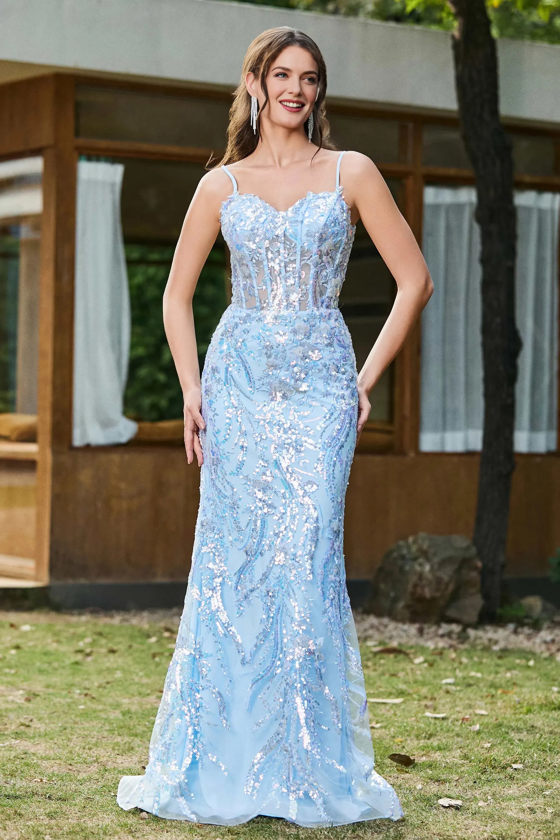 Glamorous Mermaid Sweetheart Spaghetti Tulle Sheer Bodice Long Sequin Prom Dress